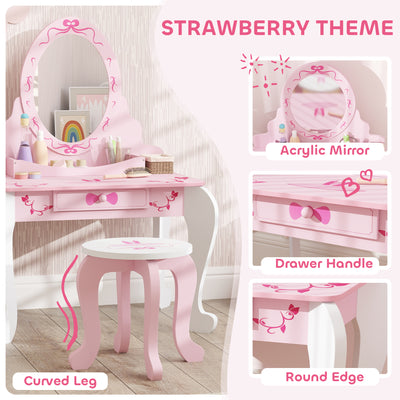 AIYAPLAY Kids Dressing Table Set, Vanity Table with Stool, Mirror, Drawer, Desktop Storage, Ballet Theme, Pink 