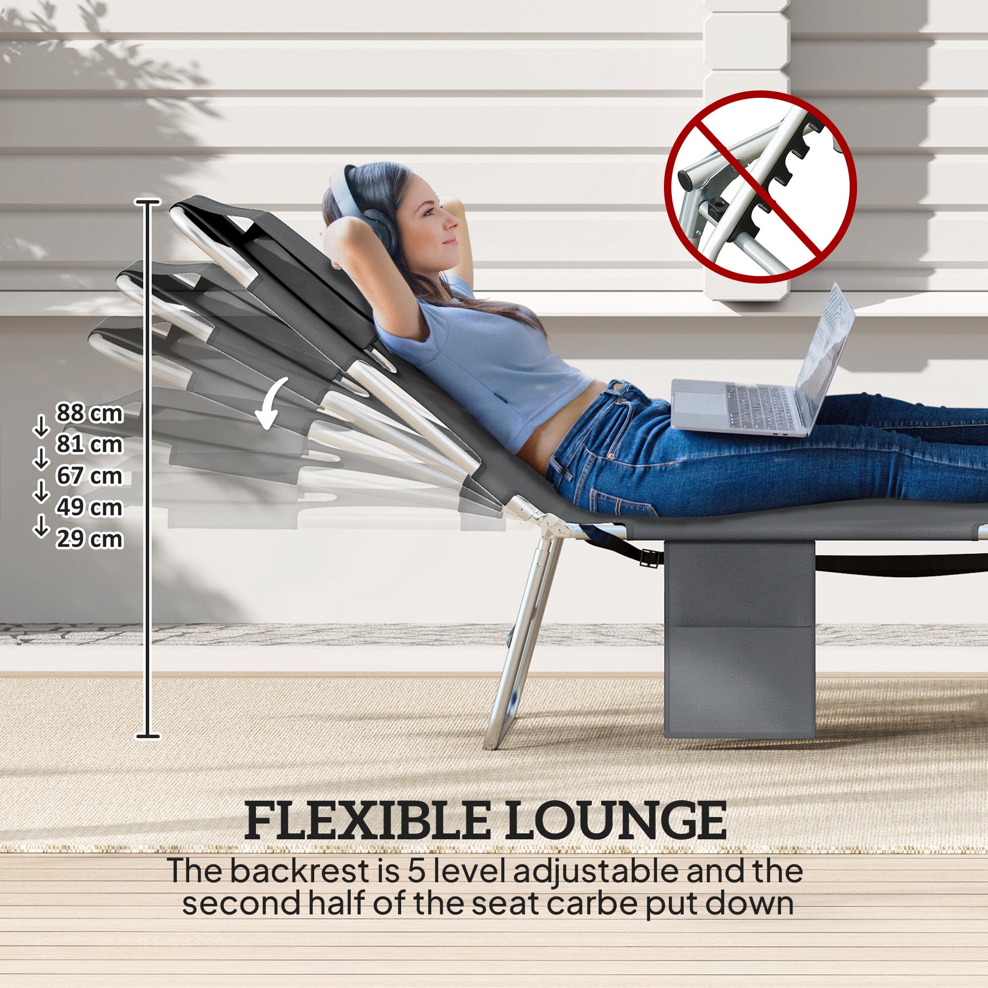 Outsunny 5-Position Adjustable Sun Loungers Set of 2 with Reading Hole and Side Pocket, Dark Grey 