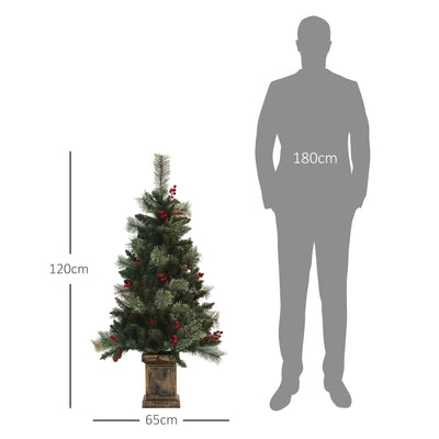 HOMCOM 1.2m/4ft Artificial Christmas Tree with 100 Warm White LED Lights and 8 Modes, Small Xmas Tree with Red Berries, Pine Cones and Retro Base, Green 