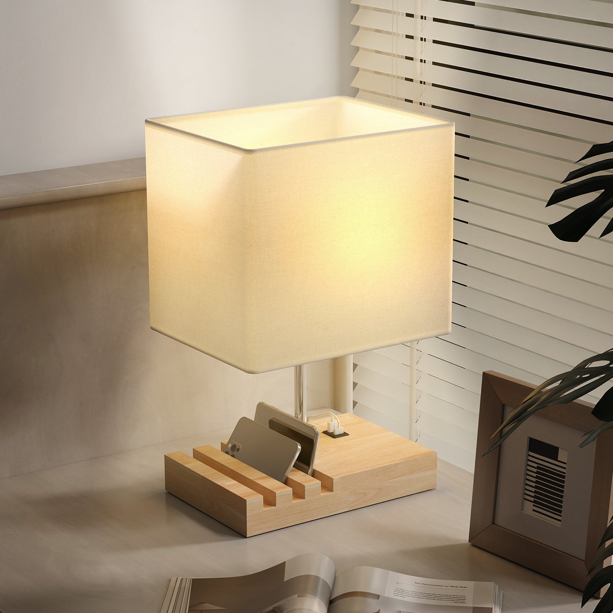 HOMCOM Bedside Lamp with USB A+C Charging Ports and 3 Phone Stands, Modern Table Lamp with Solid Wood Base and Fabric Shade for Bedroom Living Room Office, E27 Socket, Bulb Not Included, White 