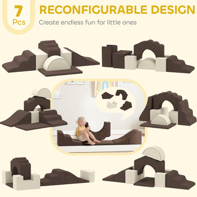 AIYAPLAY 7 Piece Kids Soft Play Set with Detachable Cover, Baby Indoor Climb and Crawl Foam Toy for Toddlers, Preschoolers, Brown 