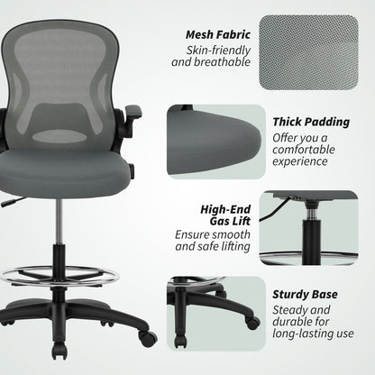 Vinsetto Drafting Chair, Ergonomic Tall Office Chair with Flip-up Armrests, Mesh Back, Lumbar Support, Adjustable Height and Foot Ring, Swivel Wheels, for Standing Desk, Charcoal Grey
