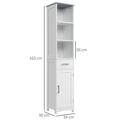 kleankin Tall Bathroom Storage Cabinet with 3 Tier Shelf, Cupboard, Drawer, Door, Freestanding Linen Tower, Slim Side Organizer, White 
