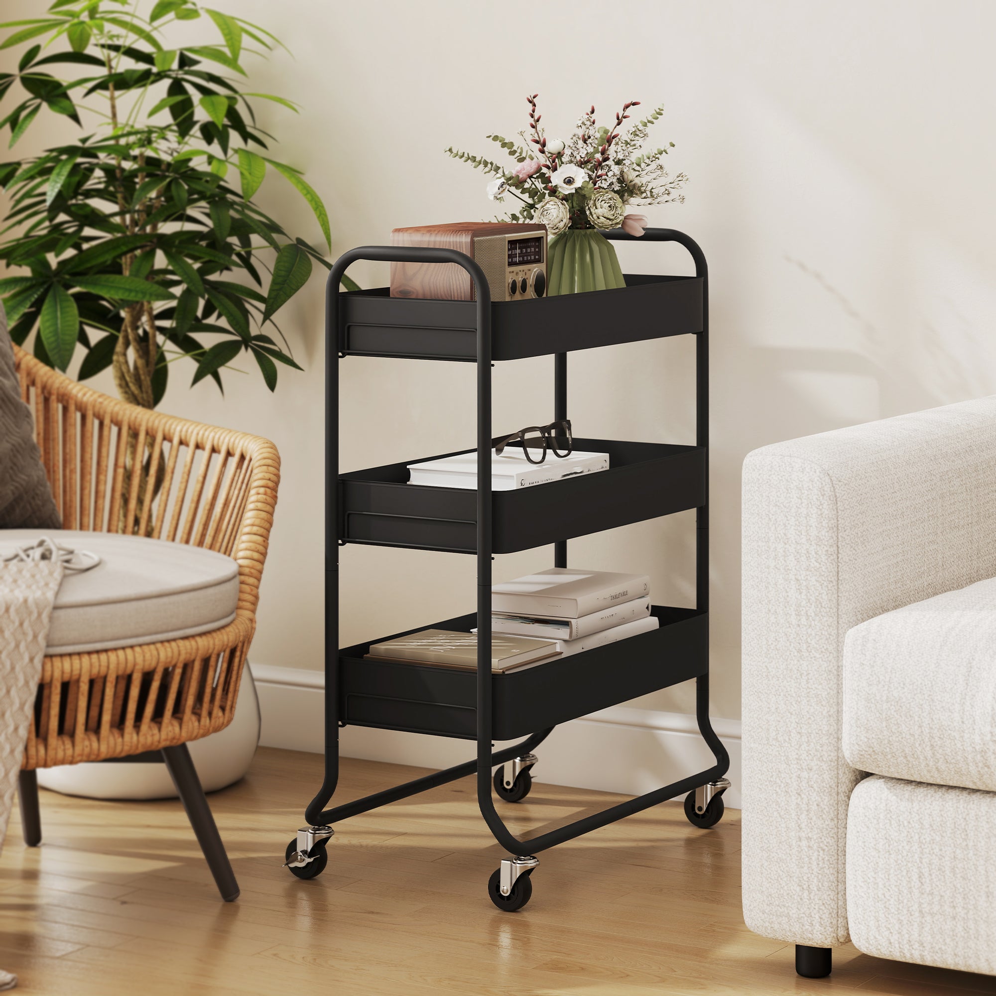 HOMCOM 3-Tier Storage Trolley on Wheels, Rolling Utility Cart with Mesh Backets for Kitchen, Bathroom, Bedroom, Black 