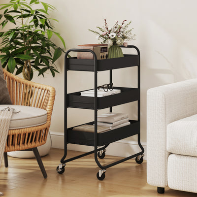HOMCOM 3-Tier Storage Trolley on Wheels, Rolling Utility Cart with Mesh Backets for Kitchen, Bathroom, Bedroom, Black 