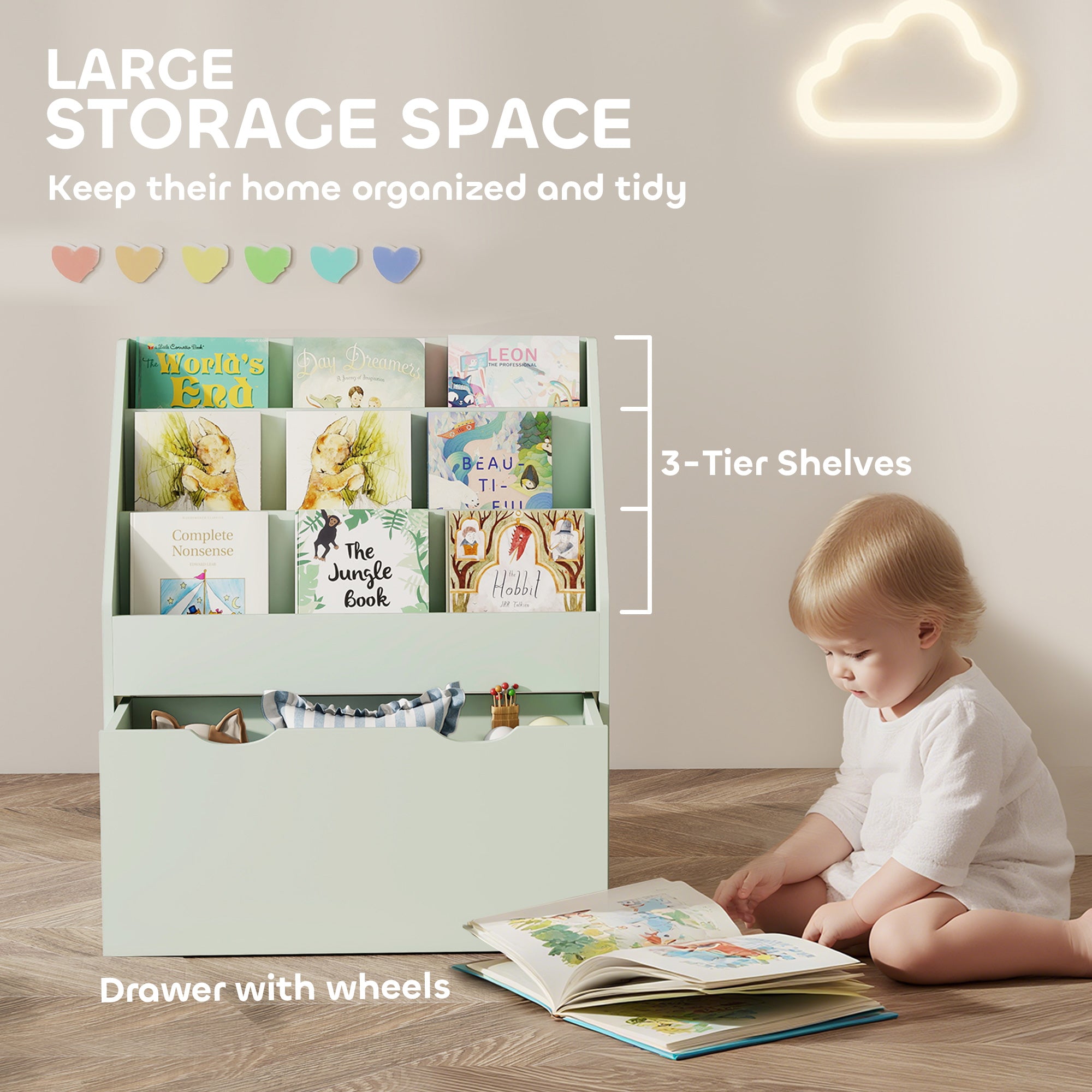 AIYAPLAY Bookcase for Kids with Shelves, Drawer, Bookcase for Bedroom, Playroom, Green 