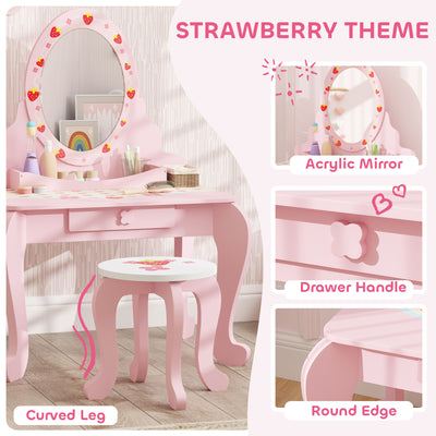 AIYAPLAY Kids Dressing Table Set, Vanity Table with Stool, Mirror, Drawer, Desktop Storage, Strawberry Theme, Pink 
