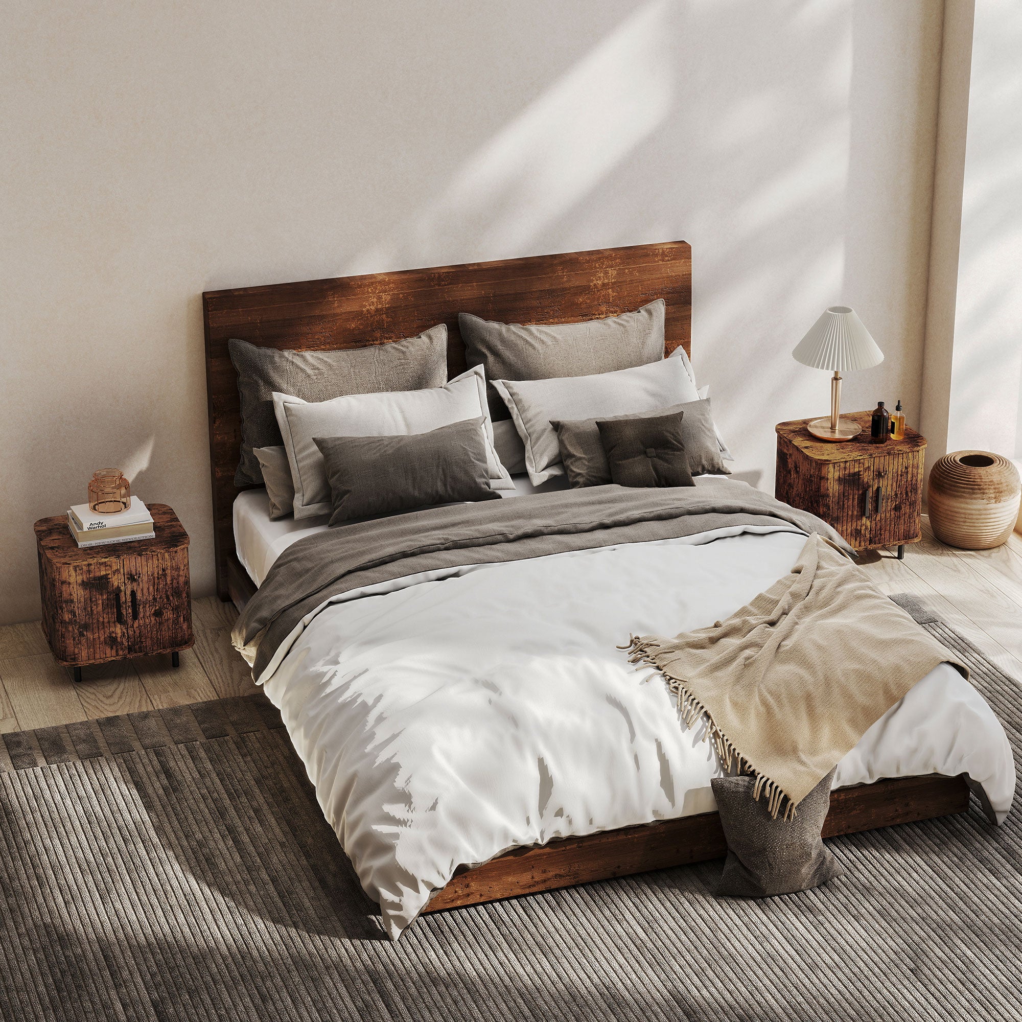 HOMCOM Bedside Table, Nordic Side Table with Roller Shutter Style Sliding Doors and Metal Legs for Bedroom, Living Room, Rustic Brown