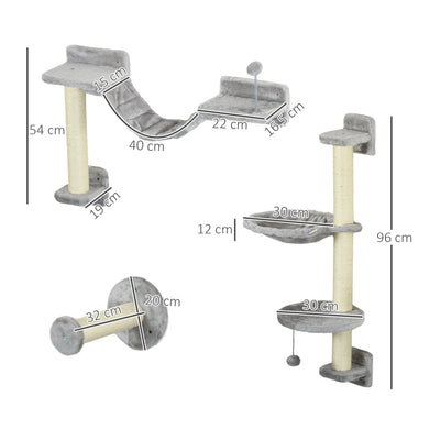 PawHut Four-Piece Cat Wall Furniture with Hammock, Perches, Ladder, Scratching Post, Grey 