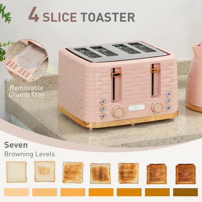 HOMCOM 3000W 1.7L Kettle & 4 Slice Toaster, Kettle and Toaster Set with 7 Browning Controls and Crumb Tray, Light Pink