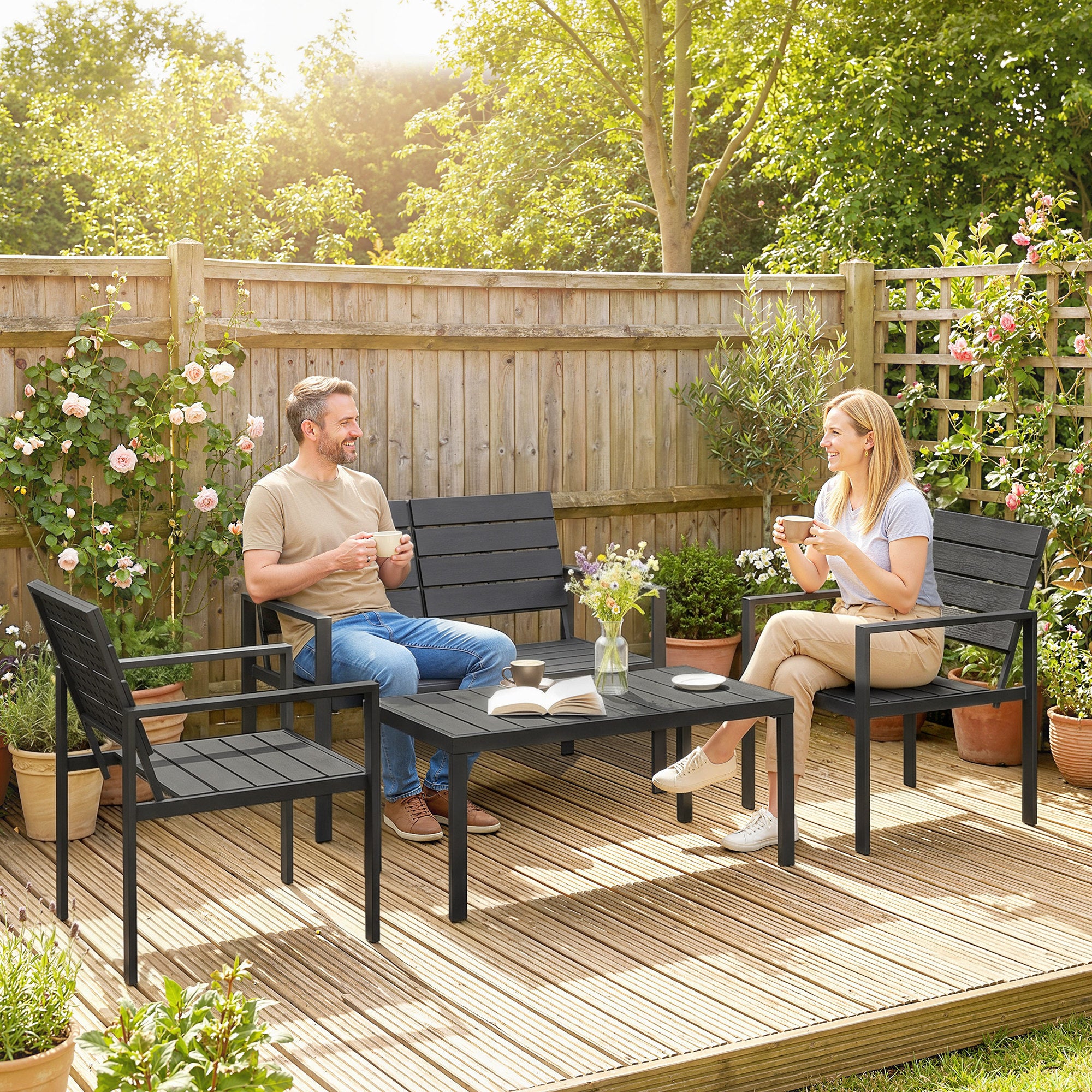 Outsunny 4 Piece Garden Furniture Set, Outdoor Sofa Set with HDPE Slatted Loveseat Armchairs Coffee Table Metal Frame, Black 