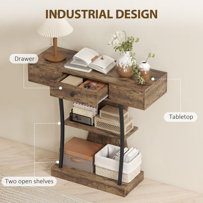 HOMCOM Console Table, 3-Tier Industrial Hallway Table with Drawer, Storage Shelves, 91 x 32 x 87 cm, Rustic Brown 