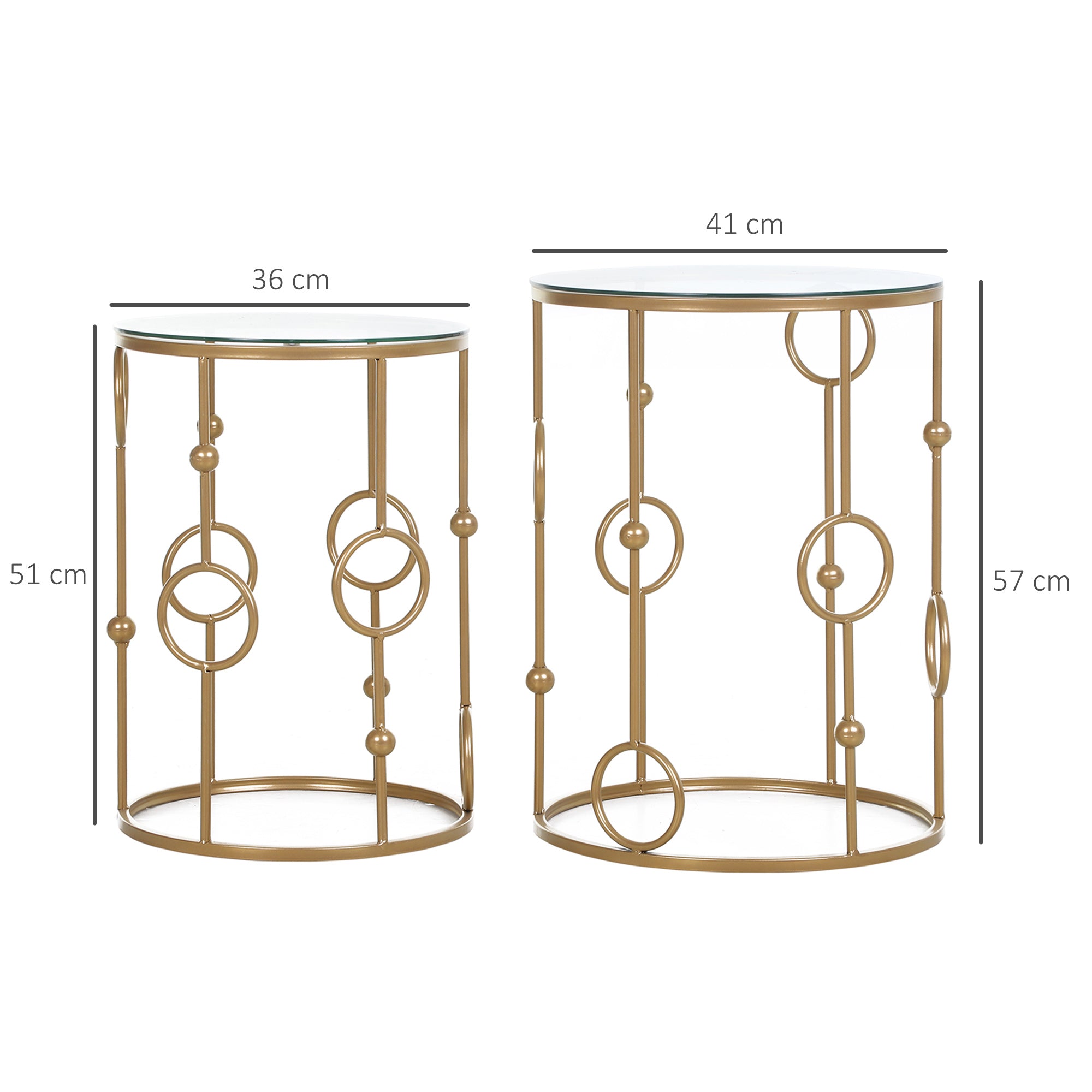 HOMCOM Round Coffee Tables Set of 2, Gold Nesting Side End Tables with Tempered Glass Top, Steel Frame for Living Room, Gold 