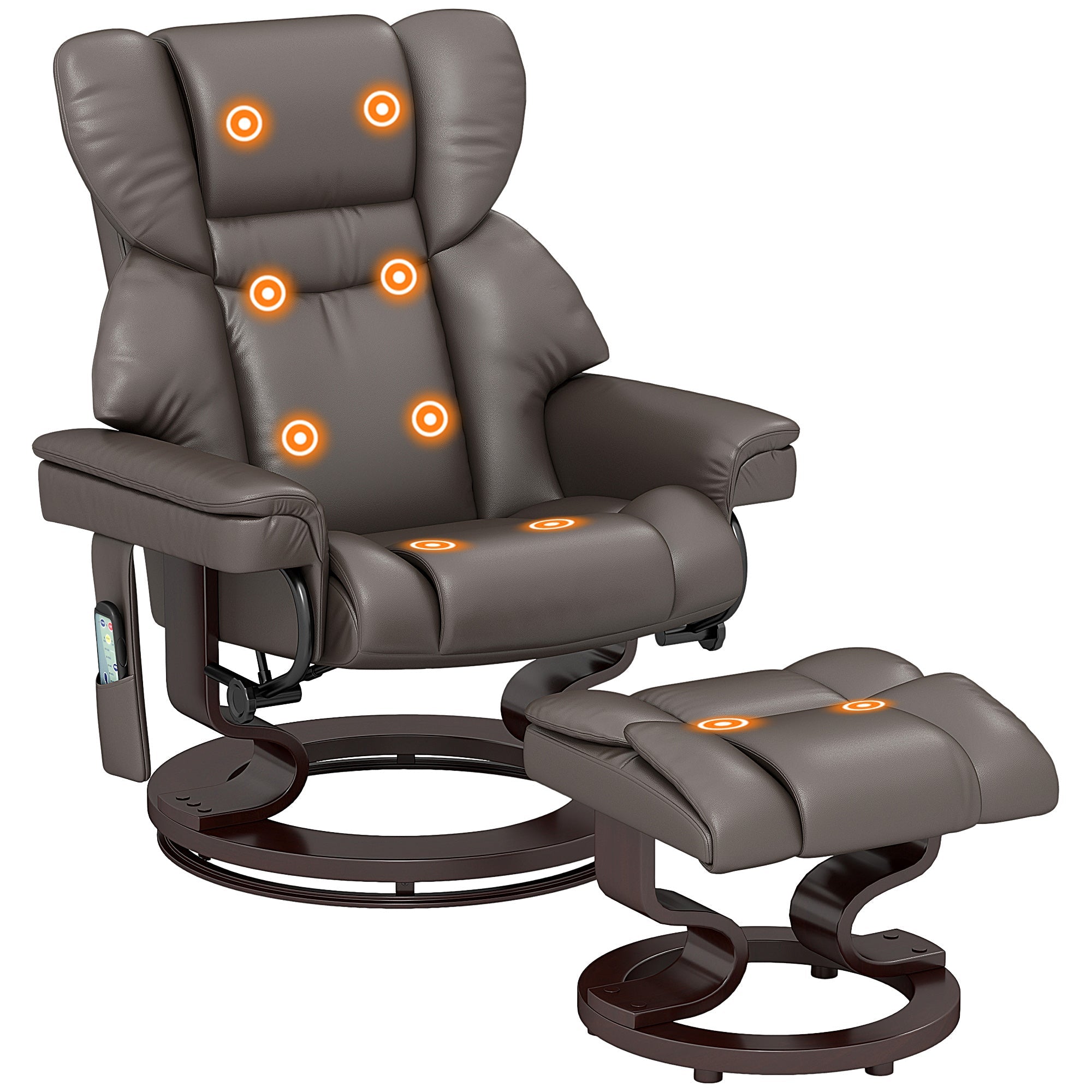 HOMCOM Massage Recliner Chair with Footstool, Upholstered Reclining Armchair with Adjustable Backrest, Steel Frame and Wood Base, Swivel Chair for Living Room, Bedroom, Brown 