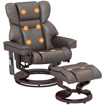 HOMCOM Massage Recliner Chair with Footstool, Upholstered Reclining Armchair with Adjustable Backrest, Steel Frame and Wood Base, Swivel Chair for Living Room, Bedroom, Brown 