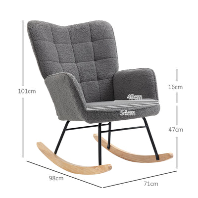 HOMCOM Berber Fleece Nursery Glider Rocker for Nursing, Wingback Rocking Chair for Living Room, Dark Grey 