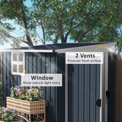 Outsunny 4 x 6ft Garden Metal Shed, Outdoor Storage Shed with Window, 2 Vents and Lockable Door for Garden, Patio, Dark Grey 