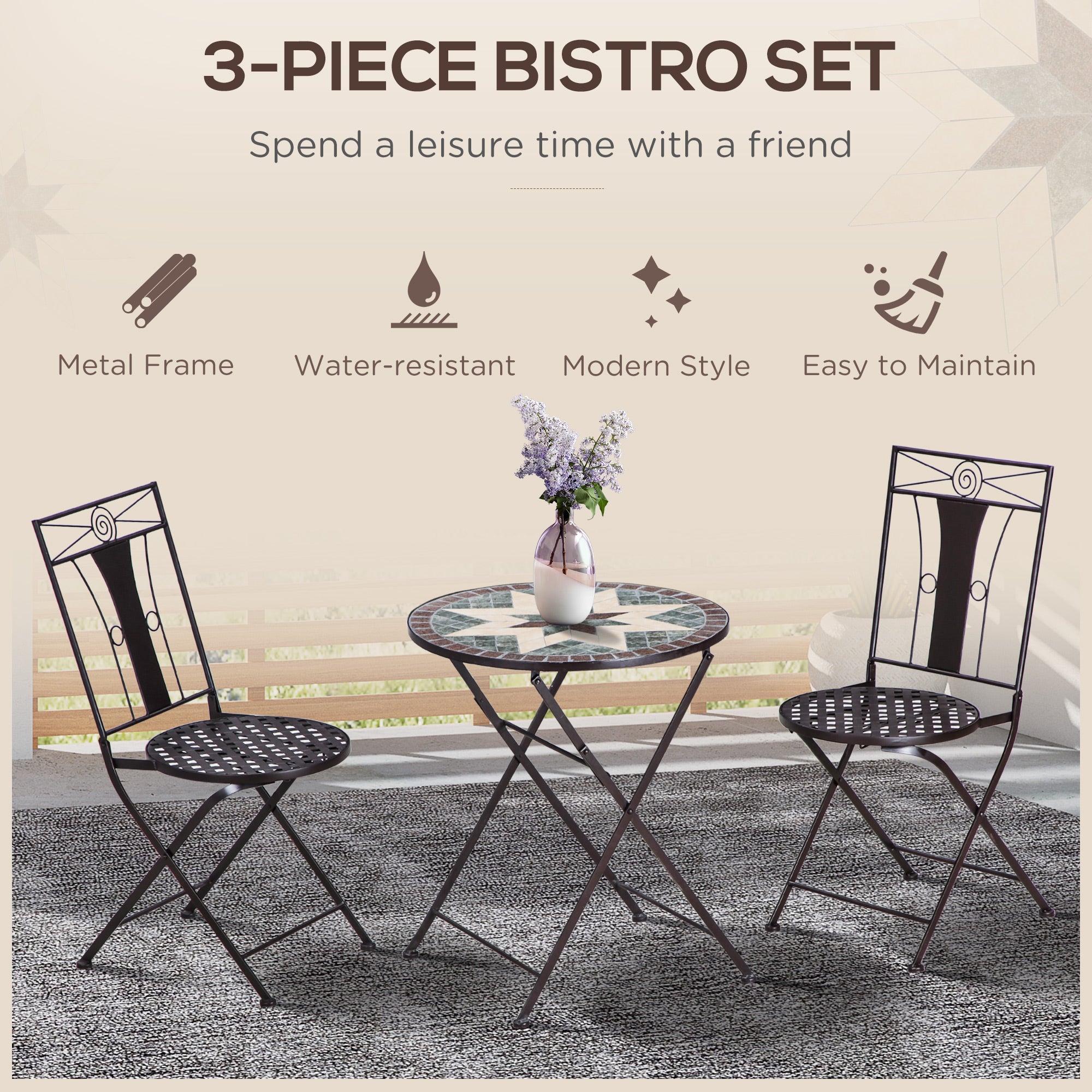 Outsunny 3-Piece Patio Bistro Set, Mosaic Table and 2 Armless Chairs with Foldable Design, Metal Frame for Garden, Poolside, Coffee 