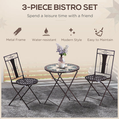 Outsunny 3-Piece Patio Bistro Set, Mosaic Table and 2 Armless Chairs with Foldable Design, Metal Frame for Garden, Poolside, Coffee 