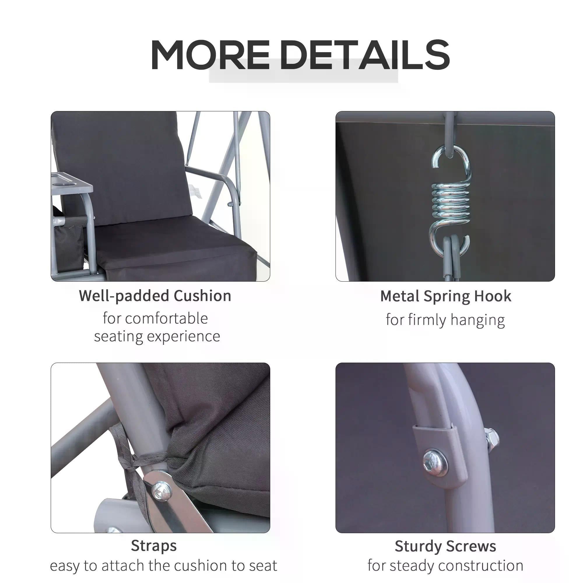 Outsunny Steel Frame 2-Seater  Swing Chair w/ Table Grey 