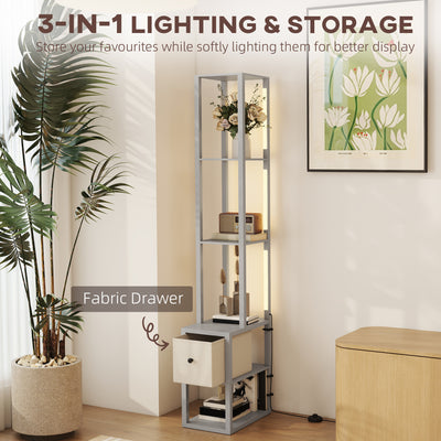 HOMCOM Floor Lamp with Shelves, LED Column Modern Standing Lamp with Fabric Drawer, Adjustable Brightness, Foot Switch for Living Room, Bedroom, Office, Grey 
