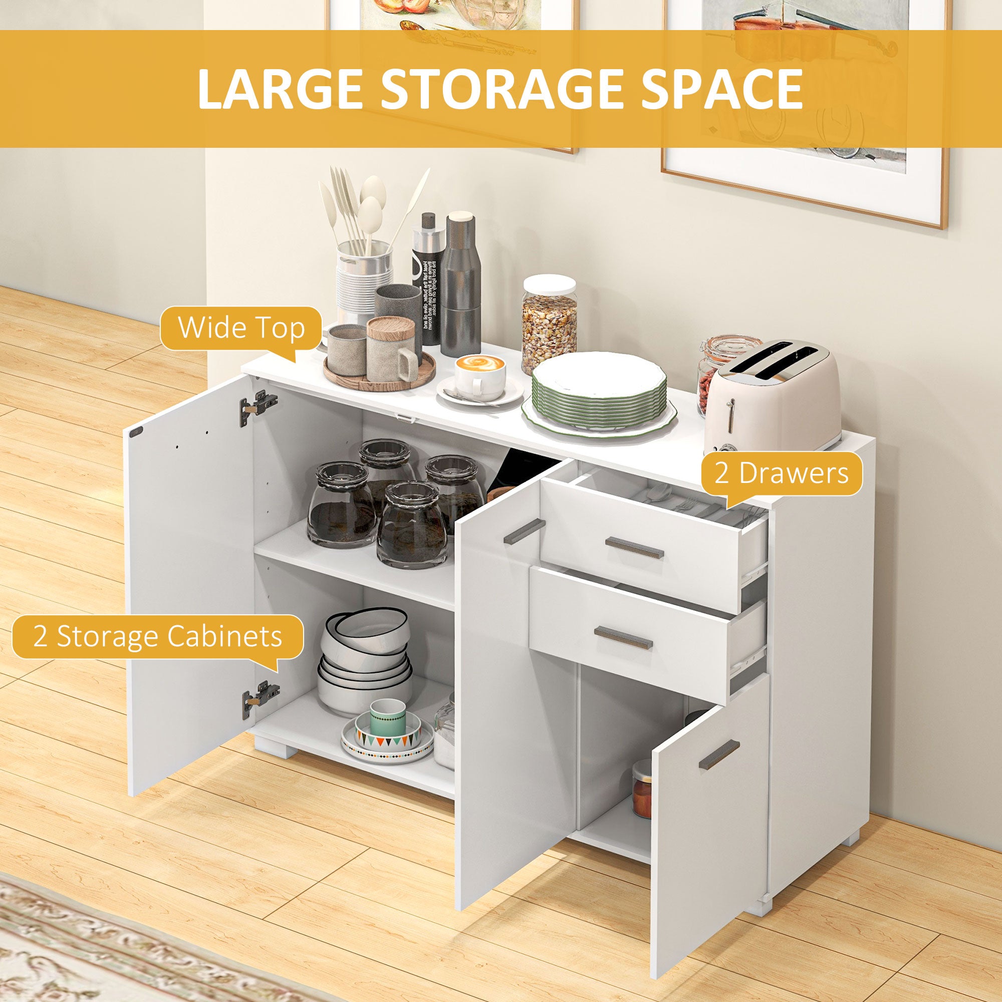HOMCOM Sideboard, Modern Storage Cabinet with 2 Drawers, 3 Doors and Adjustable Shelves, Kitchen Cabinet for Living Room, Dining Room, High Gloss White 