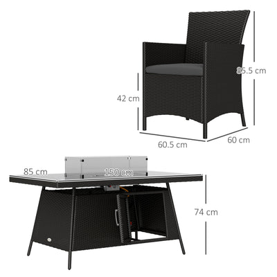 Outsunny 7 Pieces Outdoor Rattan Garden Furniture with Fire Pit Table, 6 Seater Garden Table and Chairs with Cushions, Rattan Dining Set with Propane Heater Table, Windscreen, 50,000 BTU, Black 