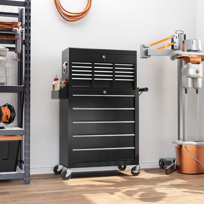 HOMCOM 19 Drawer, Two-Part Tool Storage Chest on Wheels - Black 