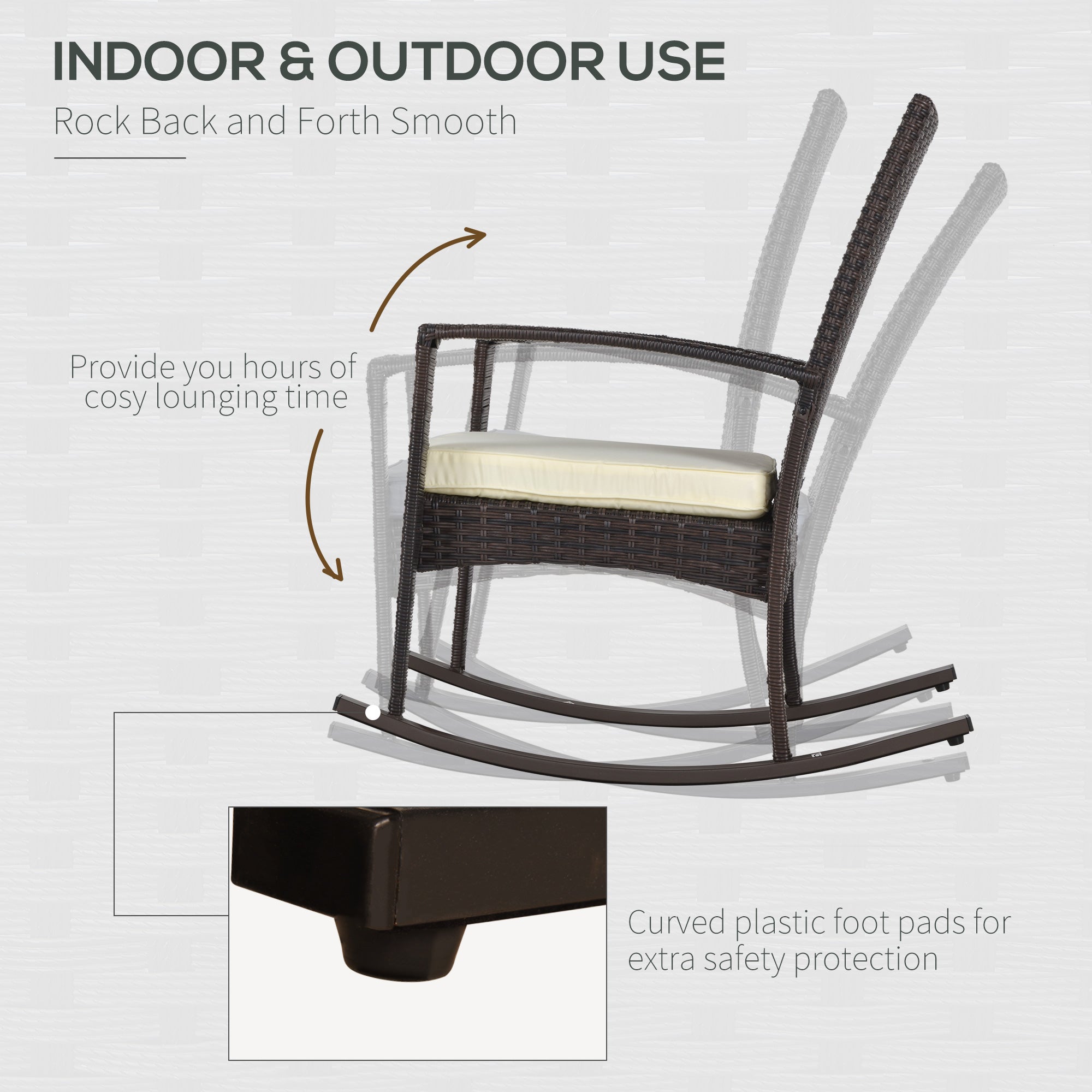 Outsunny PE Rattan Garden Rocking Chair, Outdoor Rocking with Cushion, 160 KG Capacity Wicker Garden Armchair Rocker with Metal Frame for Patio, Porch, Balcony, Brown 