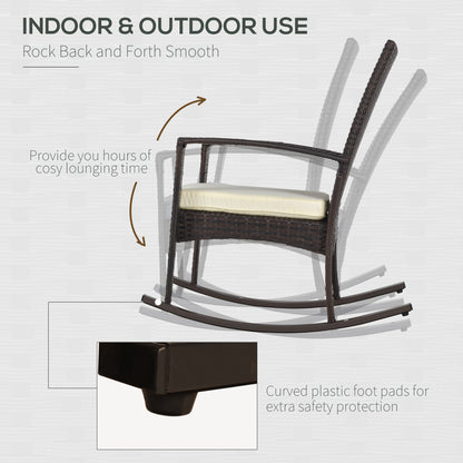Outsunny PE Rattan Garden Rocking Chair, Outdoor Rocking with Cushion, 160 KG Capacity Wicker Garden Armchair Rocker with Metal Frame for Patio, Porch, Balcony, Brown 