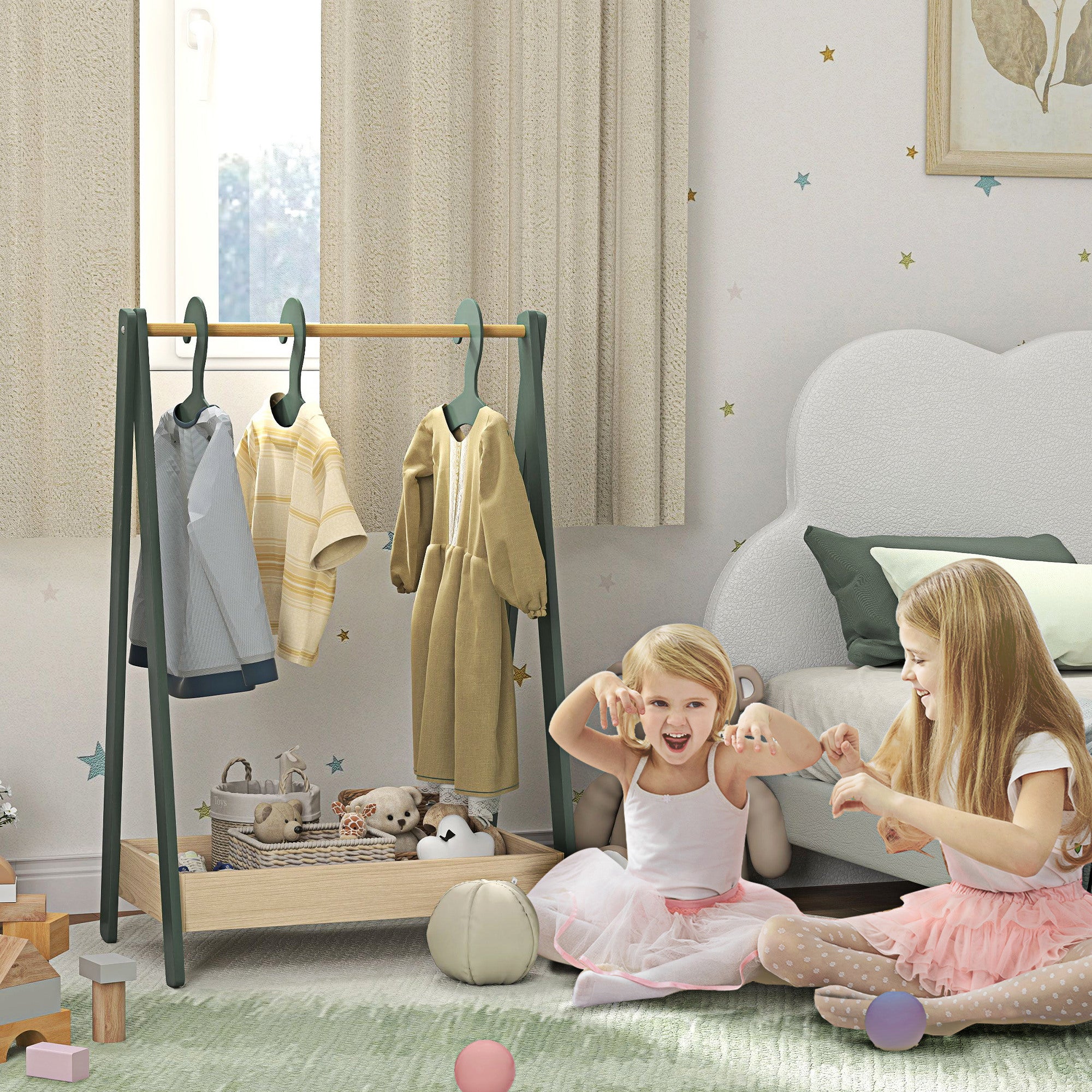 AIYAPLAY Kids Clothes Rail with 3Hangers, Bottom Storage Shelf for Girls, Boys, Nursery, Bedroom, Green 