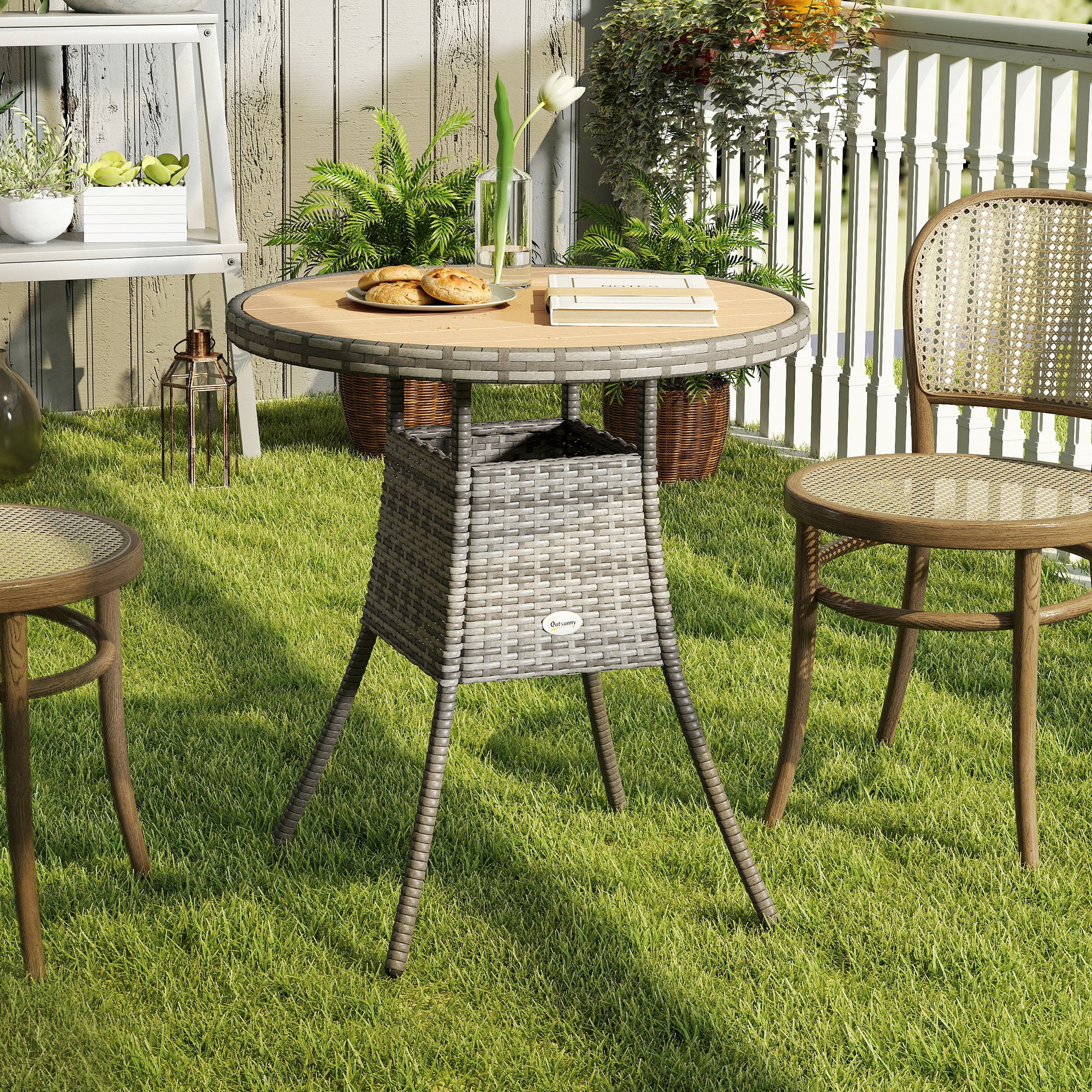 Outsunny 70 cm Wood-Effect Rattan Garden Table - Natural Wood Finish 