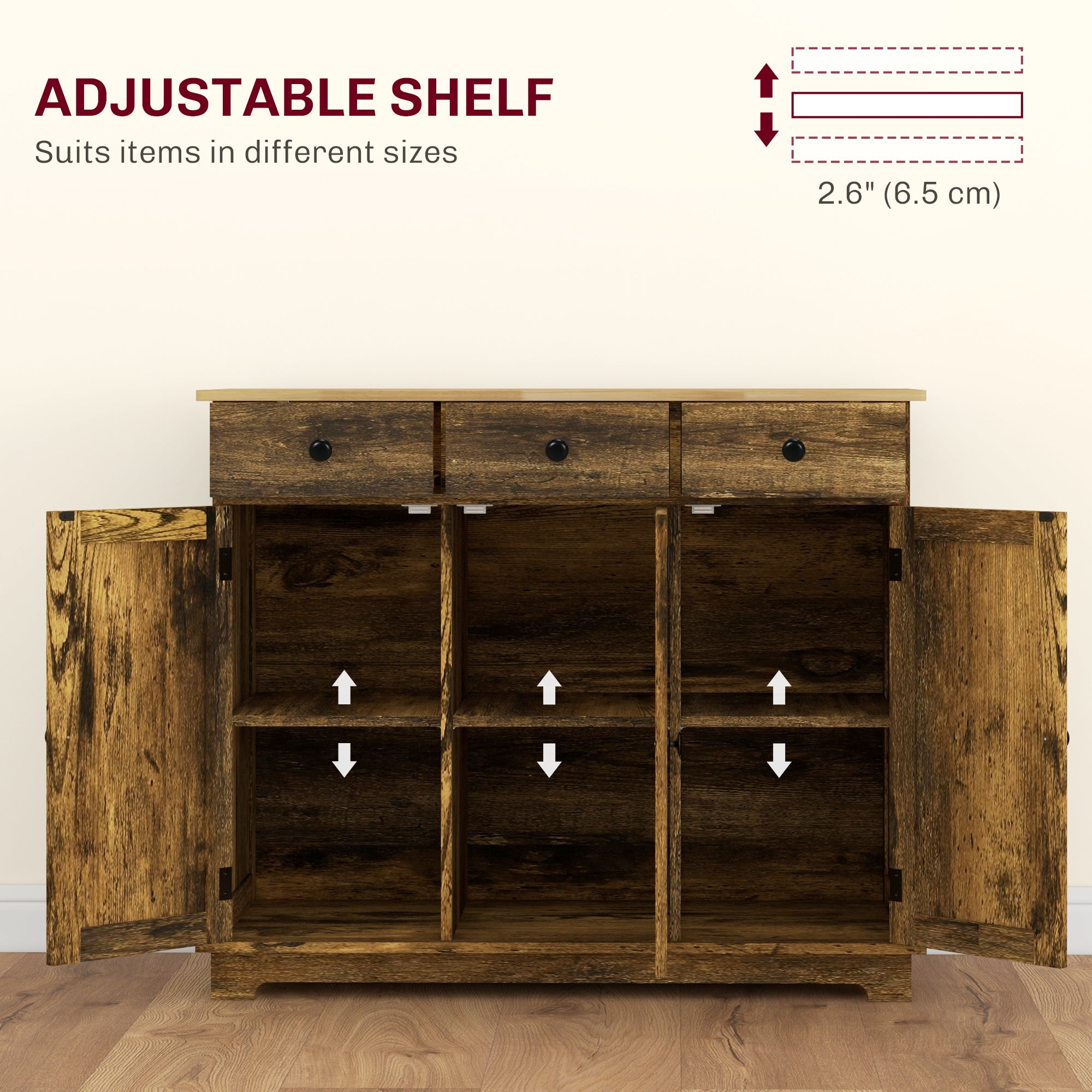HOMCOM Sideboard with Rubberwood Top and Adjustable Shelves for Dining Room, Kitchen - Rustic Brown