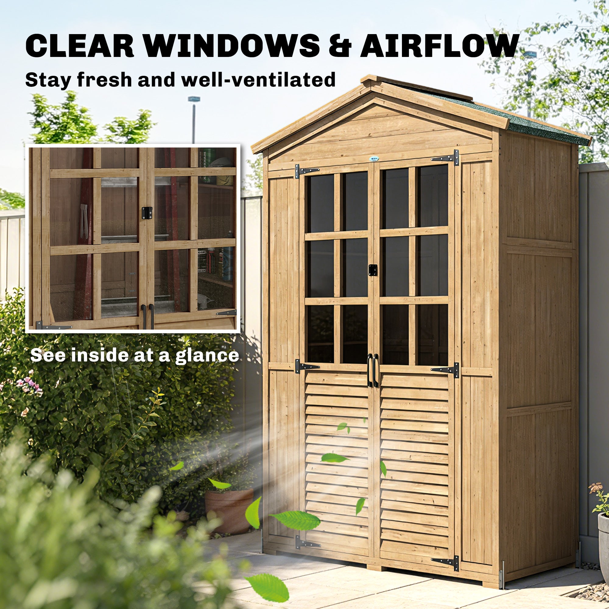Outsunny Outdoor Wooden Storage Cabinet, Garden Tool Shed with Acrylic Windows for Patio, Light Brown 