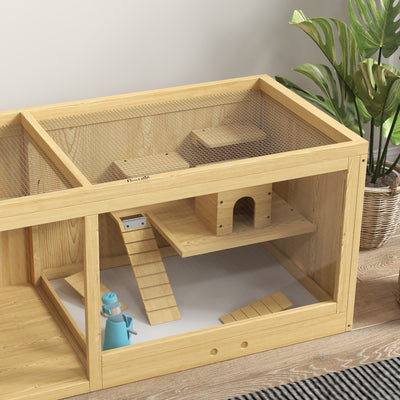 PawHut Wooden Hamster Cage with Water Bottle, Platforms, Openable Roof, Sliding Tray, Hut, Seesaws, Natural Wood Finish 