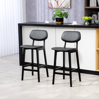 HOMCOM Set of Two Wooden Classic Bar Stools, with Faux Leather Seats - Black 