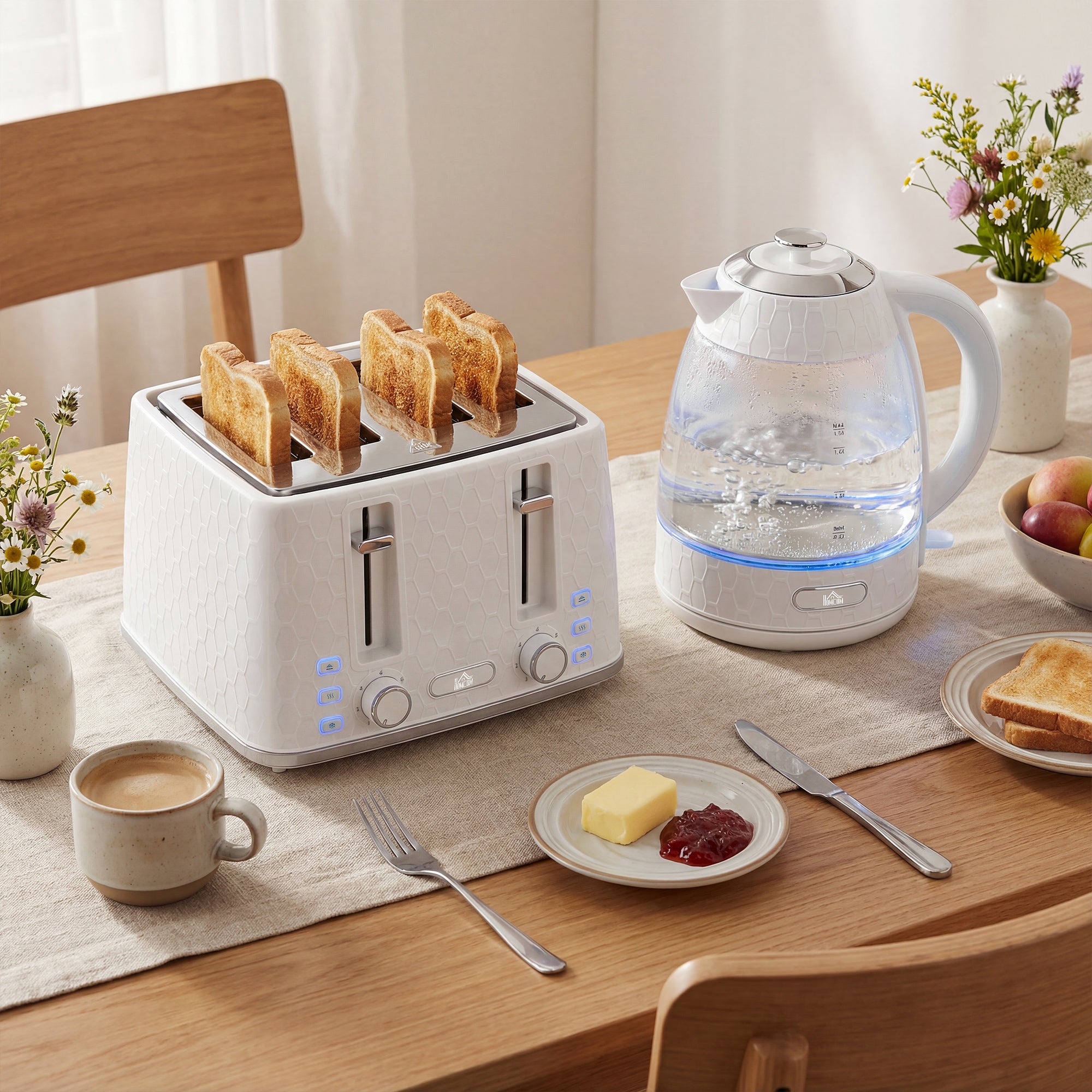 HOMCOM Kettle and Toaster Set, 1.7L 3000W Rapid Kettle with Strix Thermostat, 4 Slice Toaster with 7 Browning Controls, Cream 