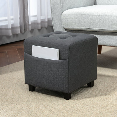 HOMCOM Square Footstool, Small Ottoman with Side Pocket, Linen Fabric Footrest Foot Stool with Rubber Wood Legs and Padded Seat for Living Room, Bedroom, Entryway, 35 x 35 x 35cm, Grey 