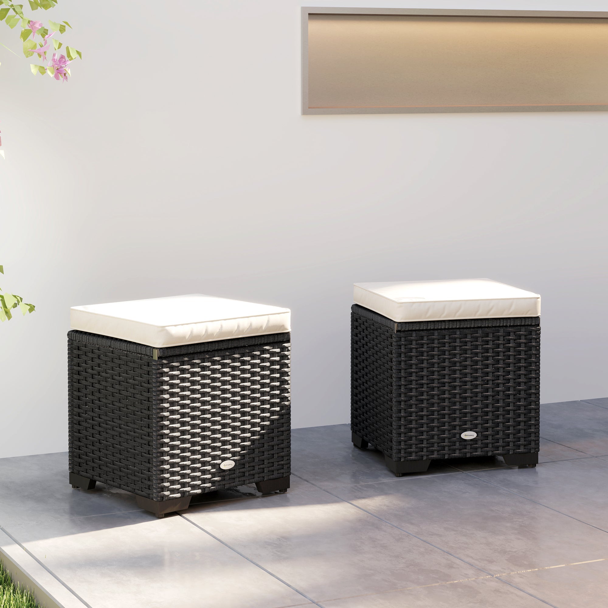 Outsunny Set of 2 Rattan Storage Ottoman, Outdoor Footstool with Removable Cushions, Garden Storage Seat for Balcony, Poolside, Living Room, Cream 