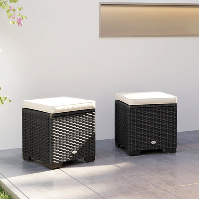 Outsunny Set of 2 Rattan Storage Ottoman, Outdoor Footstool with Removable Cushions, Garden Storage Seat for Balcony, Poolside, Living Room, Cream 