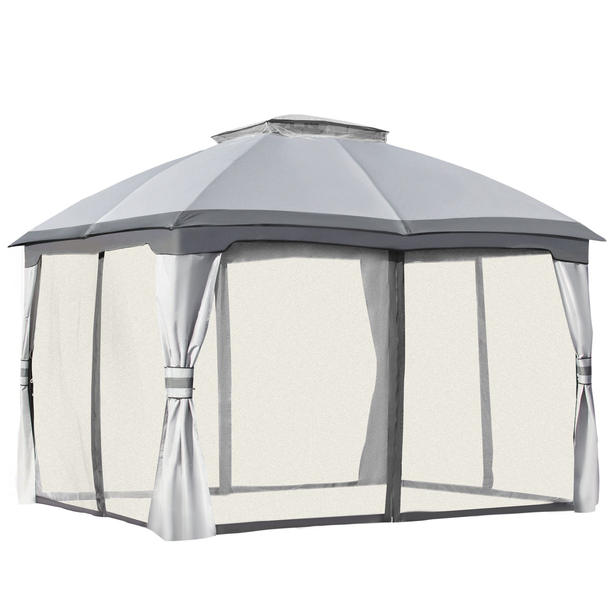 Outsunny 3.7 x 3(m) Metal Gazebo Canopy Party Tent Garden Patio Shelter with Netting Sidewalls & Double Tiered Roof, Grey 
