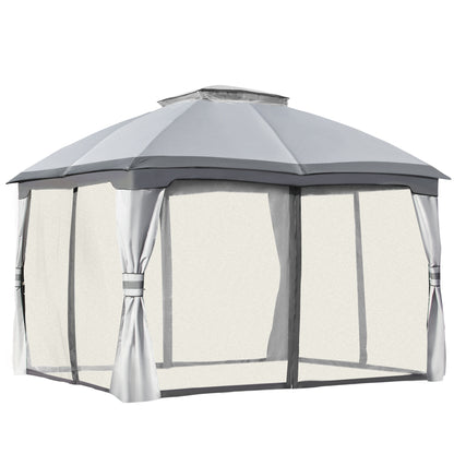 Outsunny 3.7 x 3(m) Metal Gazebo Canopy Party Tent Garden Patio Shelter with Netting Sidewalls & Double Tiered Roof, Grey 