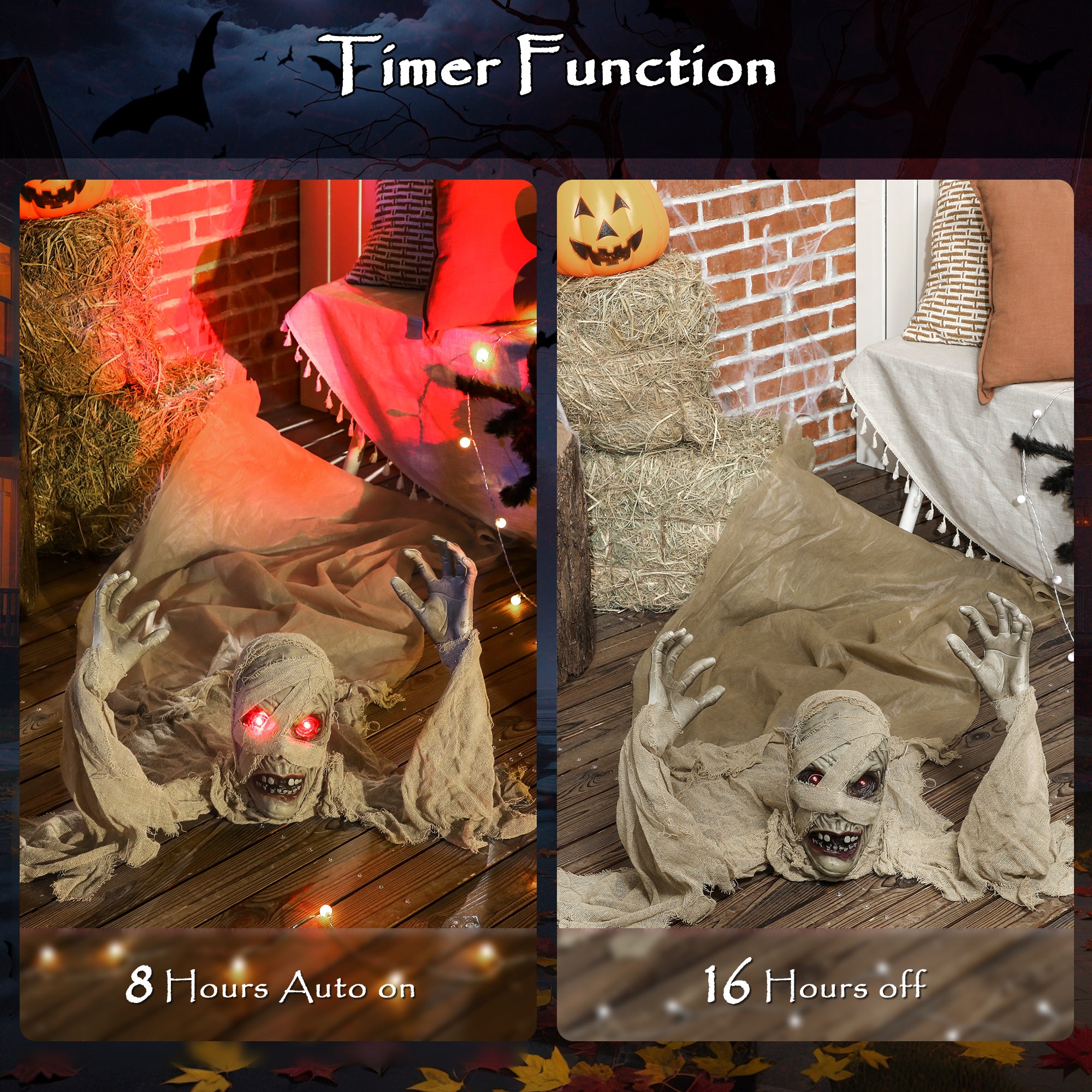 Outsunny 183 cm Life Size Halloween Animated Crawling Mummy with Glowing LED Eyes, 8/16H Timer, Scary Halloween Decorations, Battery Operated, Indoor Outdoor Party Props