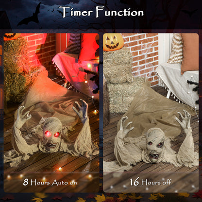 Outsunny 183 cm Life Size Halloween Animated Crawling Mummy with Glowing LED Eyes, 8/16H Timer, Scary Halloween Decorations, Battery Operated, Indoor Outdoor Party Props
