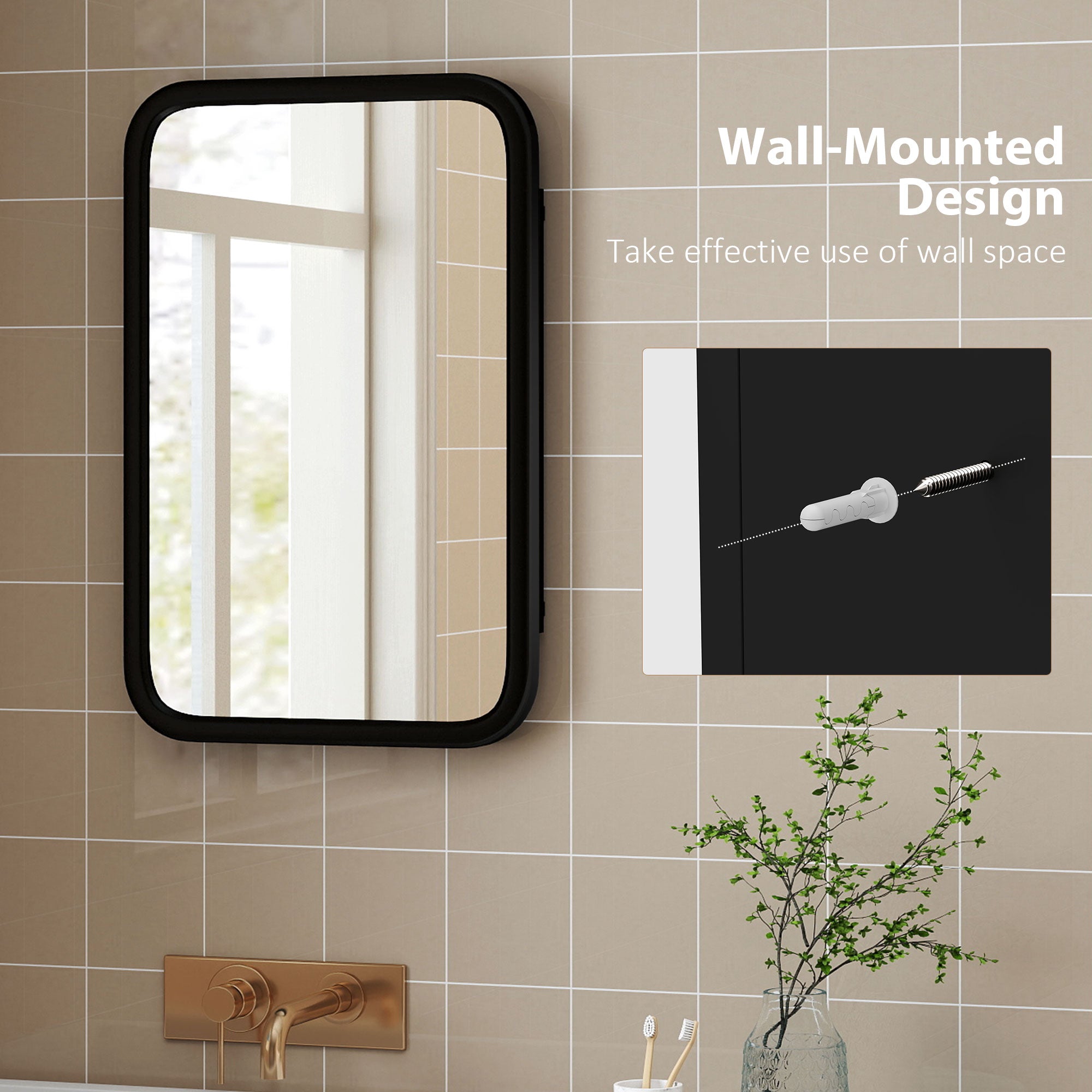 HOMCOM Bathroom Wall Cabinet with Tempered Mirror Metal Bathroom Mirror Cabinet with 3 Shelves Black 