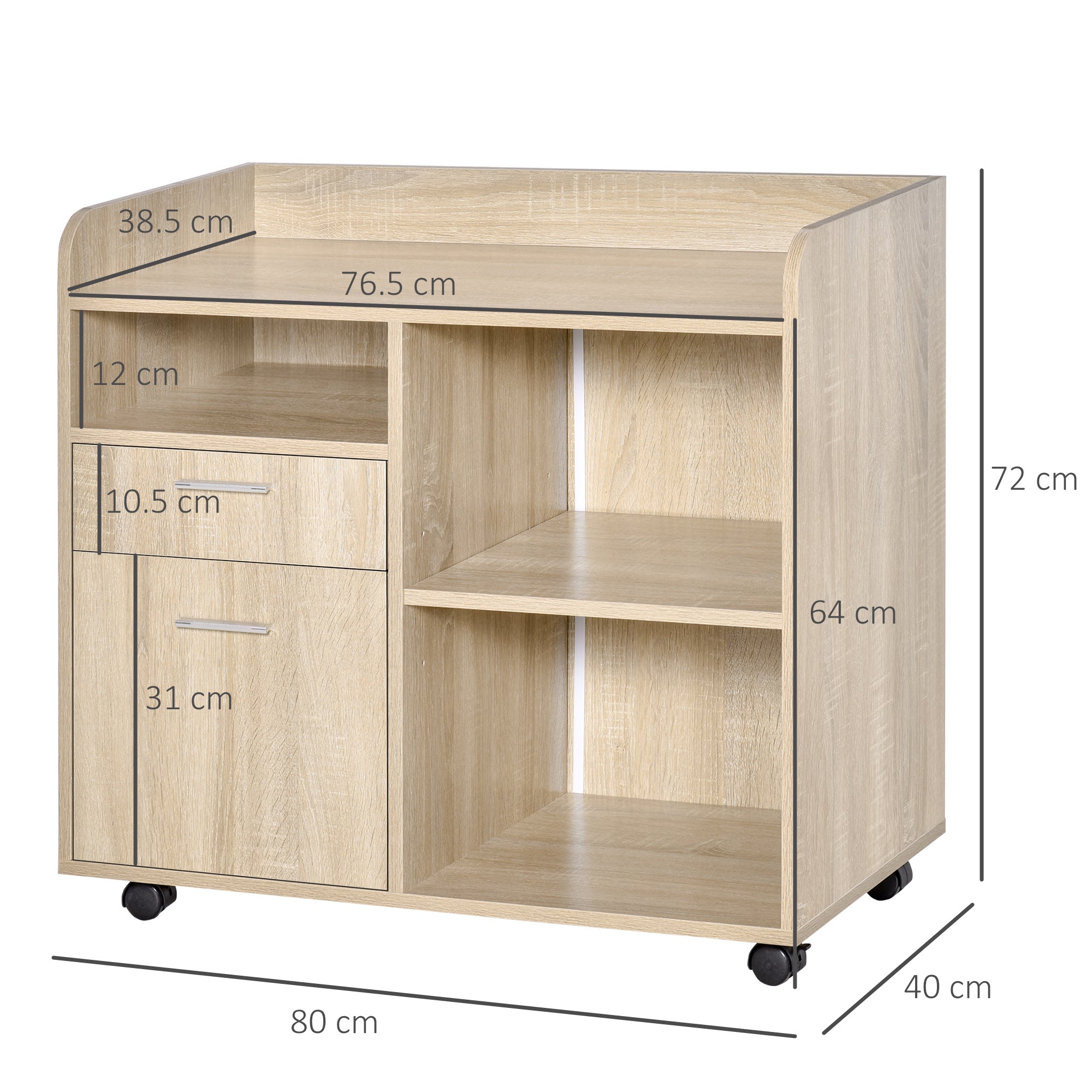 Vinsetto Multipurpose Filing Cabinet, Printer Stand with 2 Drawers, Open Adjustable Storage Shelves for Home Office, Living Room, File Cabinet with Hanging Bar for A4, Letter Size, Oak 