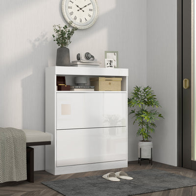 HOMCOM 16 Shoe Pair Storage Cabinet, with Flip Doors - High Gloss White 