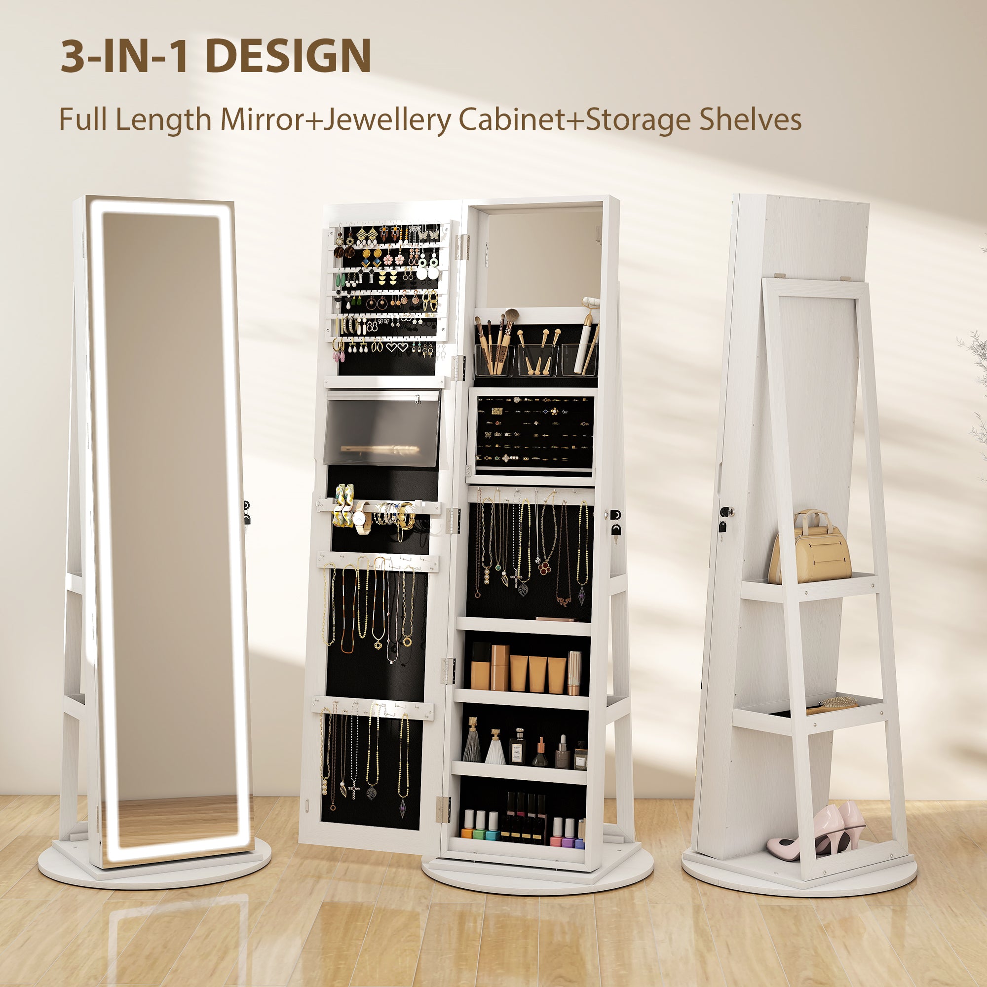 HOMCOM Storage Jewellery Cabinet, with Mirror and Lights - White