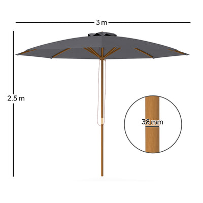 Outsunny 3m Wood Pole Parasol Umbrella - Grey 
