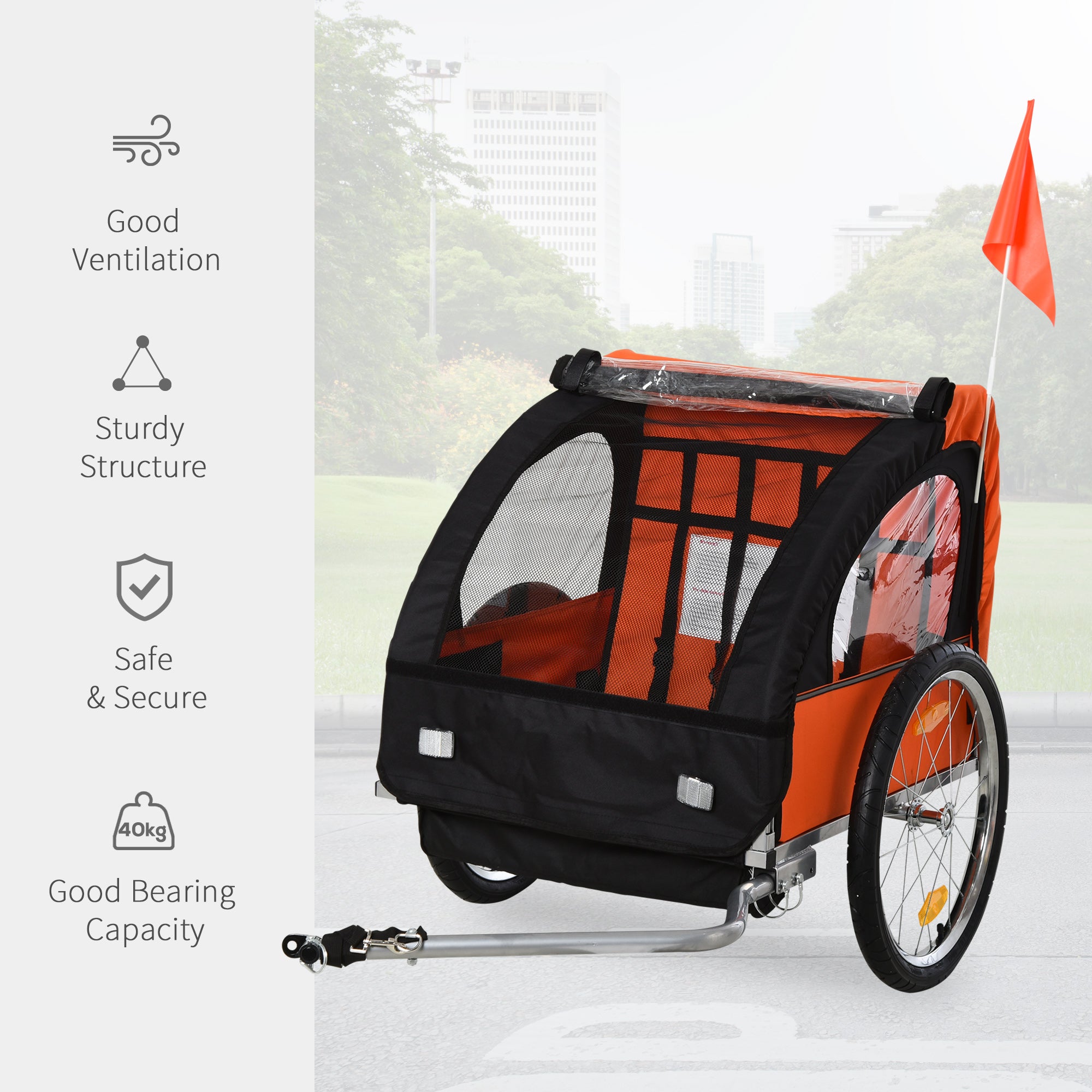 HOMCOM 2 Seat Bike Trailer Bicycle wagon for Kids Child Steel Frame Safety Harness Seat Carrier Orange Black 130 x 76 x 88 cm 